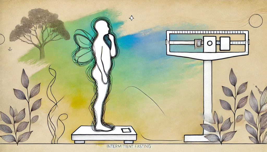 This whimsical illustration depicts a figure standing on a scale, reflecting on their weight loss journey. With squiggly lines, a minimalist design, and a soft monochromatic watercolor background, the pop of bright color emphasizes the figure's focus and determination.